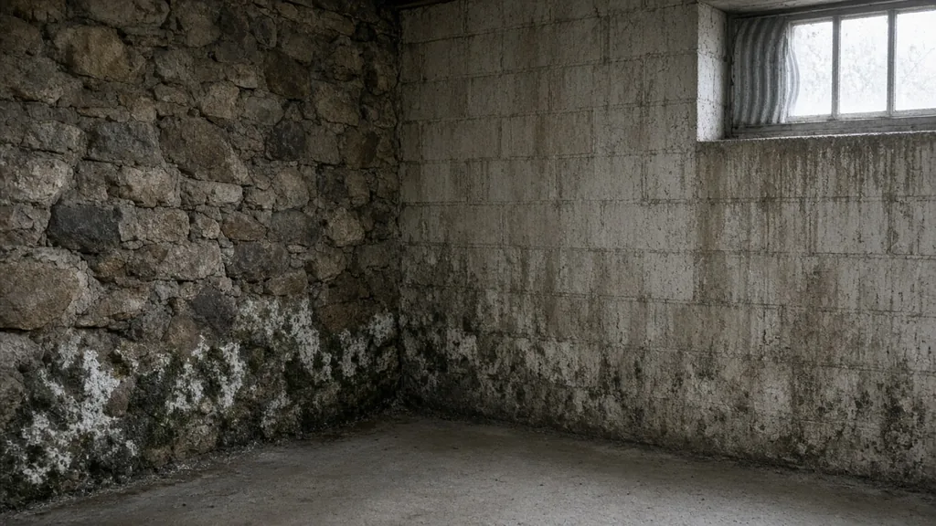 Damp basement corner with dark mold growth on a fieldstone and block foundation wall